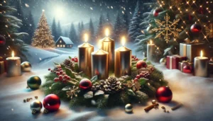 Julevinterlandskab med sne og en adventskrans i forgrunden med fire lys.