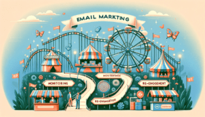 Illustration af en forlystelsespark, der repræsenterer email-marketingprocesser med rutsjebaner, pariserhjul og telte med labels som monitoring og re-engagement