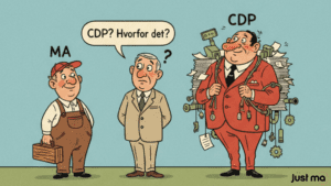 Illustration der viser forskellen på marketing automation og CDP, hvor CDP fremstår kompleks og tung sammenlignet med MA.