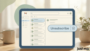 Illustration af Gmail med tydelig unsubscribe-knap, der symboliserer Gmail opdatering 2026 og øget fokus på e-mail relevans.