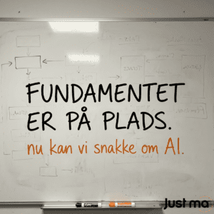 Whiteboard med udviskede automation-flows i baggrunden og teksten Fundamentet er på plads, nu kan vi snakke om AI