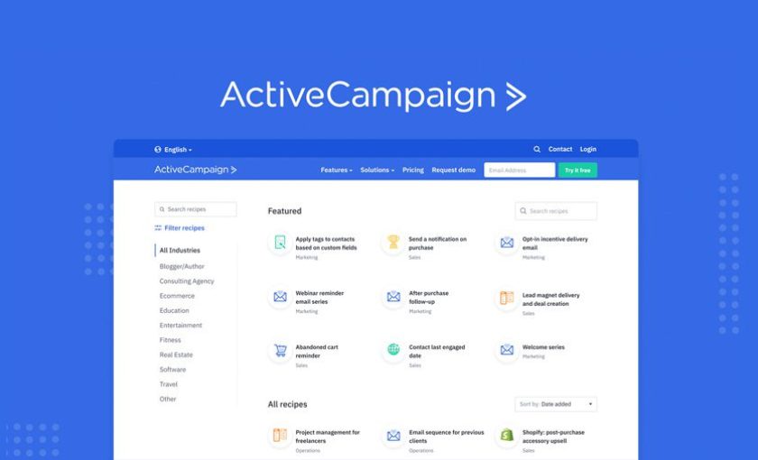 ActiveCampaigns interface på en blå baggrund, der viser et overblik over platformens nøglefunktioner.