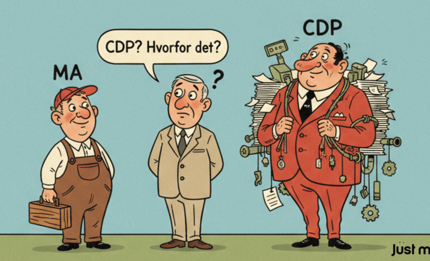 Illustration der viser forskellen på marketing automation og CDP, hvor CDP fremstår kompleks og tung sammenlignet med MA.