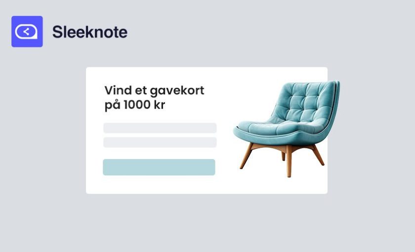 Sleeknote kampagne pop-up for en stol konkurrence med grå baggrund og Sleeknote logo i øverste venstre hjørne.