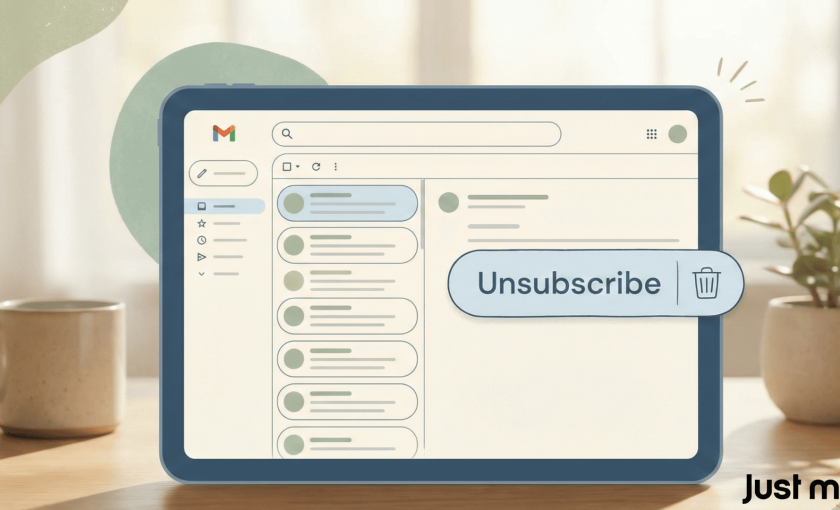 Illustration af Gmail med tydelig unsubscribe-knap, der symboliserer Gmail opdatering 2026 og øget fokus på e-mail relevans.